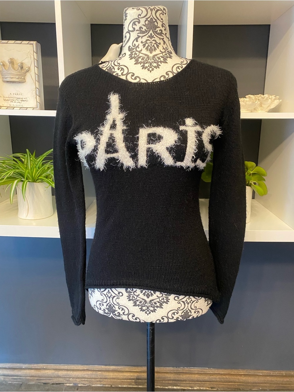Black Merino/Cashmere Blend Crewneck Sweater with Fuzzy 'PARIS' Script Size S